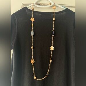 Folli Follie Gold-Tone Floral Long Necklace with Navy Bead Accents